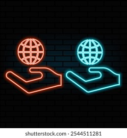 Neon light glow effect. Global business line icon. International outsourcing sign. Internet marketing symbol. 3d line neon glow icon. Brick wall banner. Global business outline. Vector.