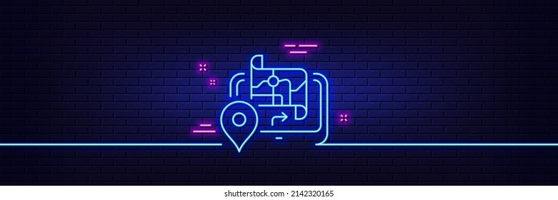 Neon light glow effect. GPS map line icon. Road path sign. Journey route device symbol. 3d line neon glow icon. Brick wall banner. Gps outline. Vector