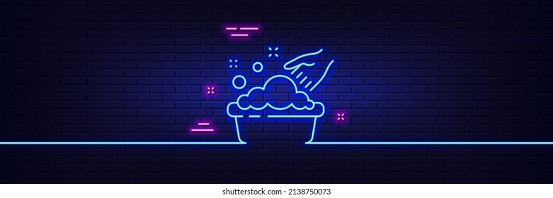 Efecto luminoso neón. Icono de la línea de lavado de manos. Señal de servicio de lavandería. Símbolo de limpiador de ropa. Icono de resplandor de neón de 3d línea. Banner de pared de ladrillo. Esbozo de lavado de manos. Vector