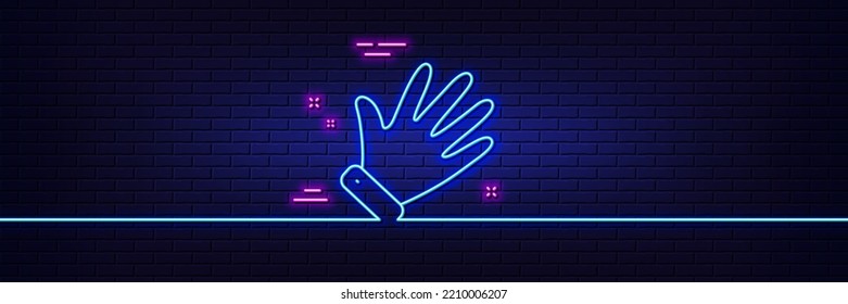 Neon Light Glow Effect. Hand Line Icon. Wave Palm Sign. Gesture Symbol. 3d Line Neon Glow Icon. Brick Wall Banner. Hand Outline. Vector