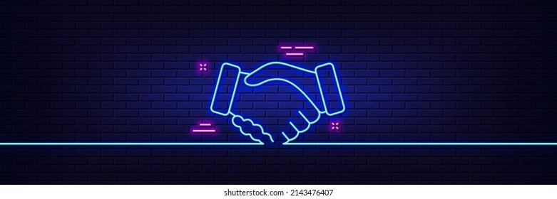 Neon light glow effect. Handshake line icon. Hand gesture sign. Business deal palm symbol. 3d line neon glow icon. Brick wall banner. Handshake outline. Vector