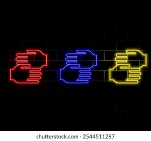 Neon light glow effect. Handshake line icon. Hand gesture sign. Business deal palm symbol. 3d line neon glow icon. Brick wall banner. Handshake outline. Vector.