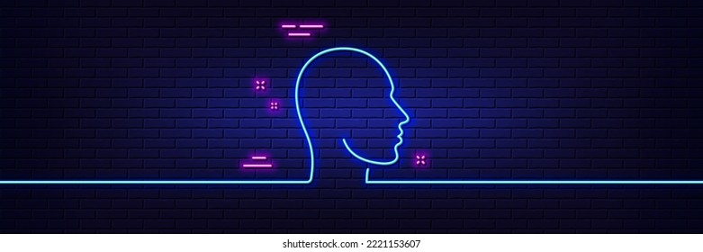 Neon light glow effect. Head line icon. Human profile sign. Facial identification symbol. 3d line neon glow icon. Brick wall banner. Head outline. Vector