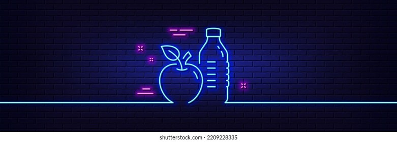 Neon light glow effect. Healthy food and drink line icon. Water with apple sign. Gym fit bottle symbol. 3d line neon glow icon. Brick wall banner. Healthy food outline. Vector
