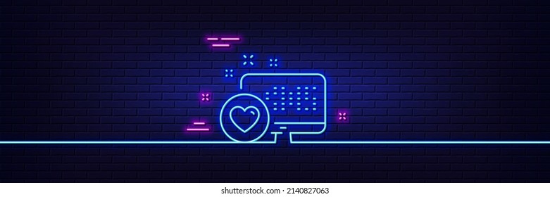 Efecto luminoso neón. Icono de línea de corazón. Favorito como el signo. Símbolo de retroalimentación positiva. Icono de resplandor de neón de 3d línea. Banner de pared de ladrillo. Esquema cardíaco. Vector