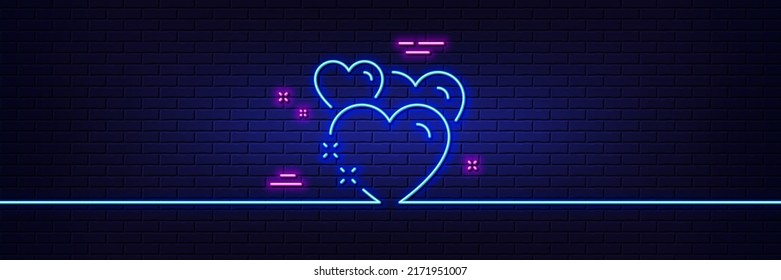 Neon light glow effect. Heart line icon. Love emotion sign. Valentine day symbol. 3d line neon glow icon. Brick wall banner. Heart outline. Vector