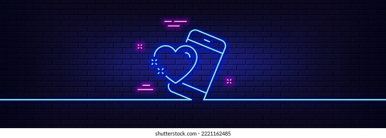 Neon Light Glow Effect. Heart With Phone Line Icon. Love Emotion Sign. Valentine Day Symbol. 3d Line Neon Glow Icon. Brick Wall Banner. Heart Outline. Vector