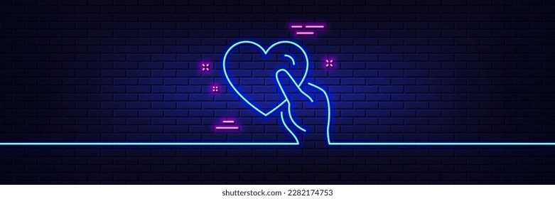 Neon light glow effect. Hold heart line icon. Friends love sign. Friendship hand symbol. 3d line neon glow icon. Brick wall banner. Hold heart outline. Vector