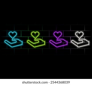 Neon light glow effect. Hold heart line icon. Friends love sign. Friendship hand symbol. 3d line neon glow icon. Brick wall banner. Hold heart outline. Vector.