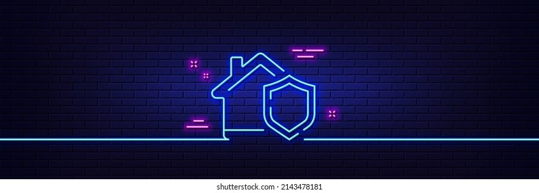 Efecto luminoso neón. Icono de línea de seguro residencial. Cartel de protección de la casa. Símbolo de defensa de propiedad. Icono de resplandor de neón de 3d línea. Banner de pared de ladrillo. Esbozo del seguro de vivienda. Vector