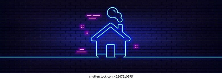 Efecto luminoso neón. Icono de línea principal. Cartel de la casa. Símbolo de construcción o página de inicio. Icono de resplandor de neón de 3d línea. Banner de pared de ladrillo. Esquema de inicio. Vector