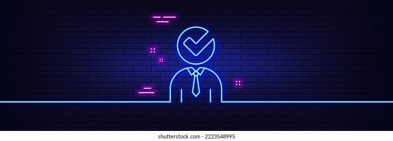 Neon light glow effect. Human silhouette with Check line icon. Business or Education concept sign. 3d line neon glow icon. Brick wall banner. Vacancy outline. Vector