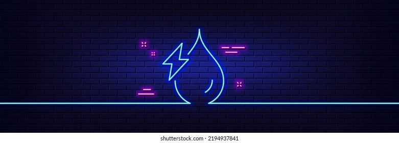 Neon light glow effect. Hydroelectricity line icon. Hydroelectric energy type sign. Water power symbol. 3d line neon glow icon. Brick wall banner. Hydroelectricity outline. Vector