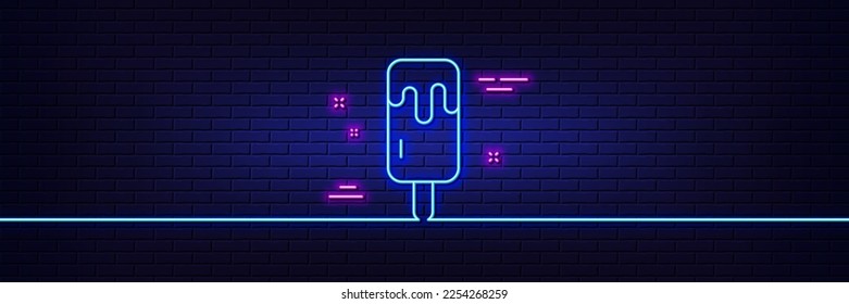 Neon light glow effect. Ice cream on stick line icon. Vanilla sundae sign. Frozen summer dessert symbol. 3d line neon glow icon. Brick wall banner. Ice cream outline. Vector