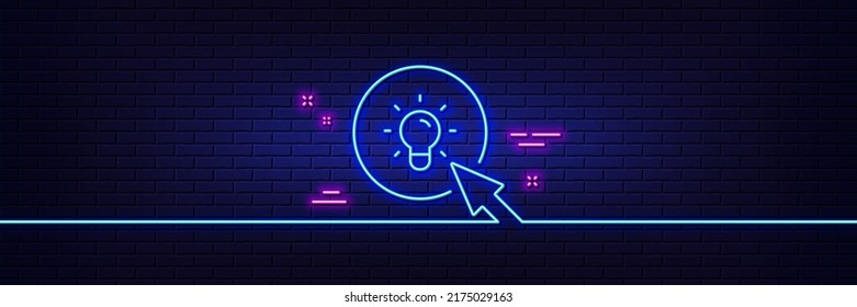Neon light glow effect. Idea lamp line icon. Mouse cursor sign. Light bulb symbol. 3d line neon glow icon. Brick wall banner. Energy outline. Vector