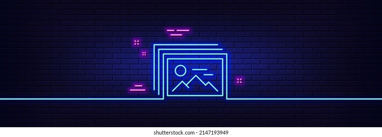 Neon light glow effect. Image gallery line icon. Photo thumbnail sign. Album picture placeholder symbol. 3d line neon glow icon. Brick wall banner. Image gallery outline. Vector