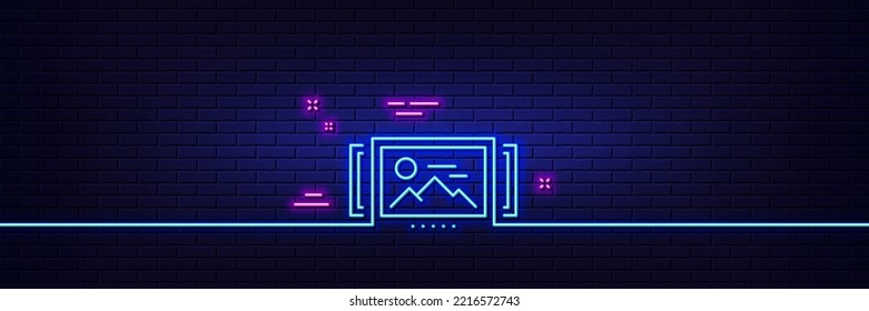 Neon light glow effect. Image carousel line icon. Photo thumbnail sign. Album picture placeholder symbol. 3d line neon glow icon. Brick wall banner. Image carousel outline. Vector