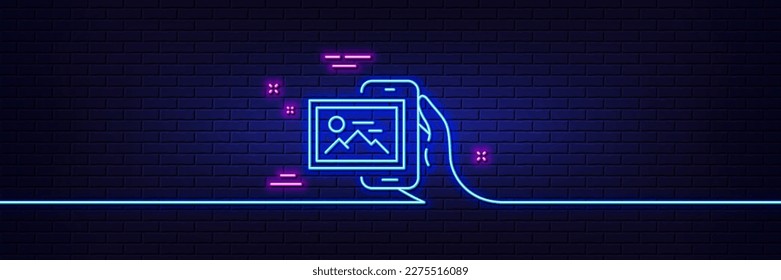 Neon light glow effect. Image album line icon. Phone photo sign. Smartphone picture gallery symbol. 3d line neon glow icon. Brick wall banner. Image album outline. Vector