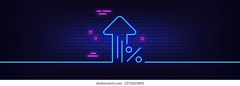 Neon light glow effect. Increasing percent line icon. Discount sign. Credit percentage growing symbol. 3d line neon glow icon. Brick wall banner. Increasing percent outline. Vector