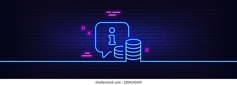 Efecto luminoso neón. Icono de línea de información. Signo de burbuja de voz de información. Símbolo de información de dinero. Icono de resplandor de neón de 3d línea. Banner de pared de ladrillo. Esquema de información. Vector