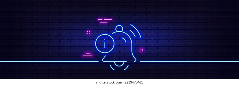 Efecto luminoso neón. Icono de la línea del timbre de información. Signo de información de recordatorio de alarma. Símbolo del mensaje de notificación. Icono de resplandor de neón de 3d línea. Banner de pared de ladrillo. Esquema del timbre de información. Vector