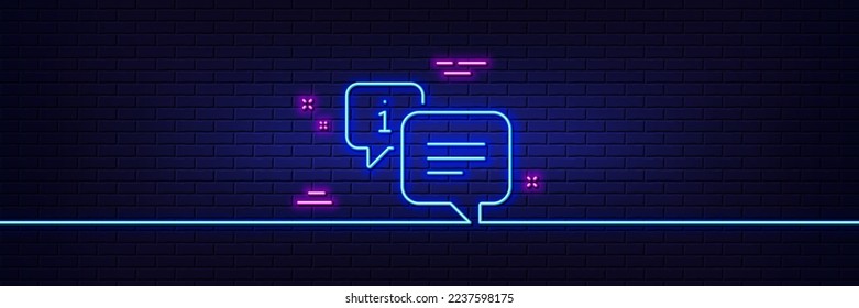Efecto luminoso neón. Icono de línea de información. Signo de burbuja de voz de información. Ayuda a informar del símbolo. Icono de resplandor de neón de 3d línea. Banner de pared de ladrillo. Esquema de información. Vector
