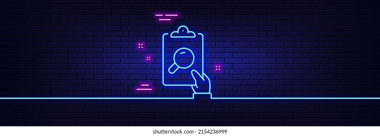 Neon Light Glow Effect. Inspect Line Icon. Clipboard Research Sign. Verification File Symbol. 3d Line Neon Glow Icon. Brick Wall Banner. Inspect Outline. Vector