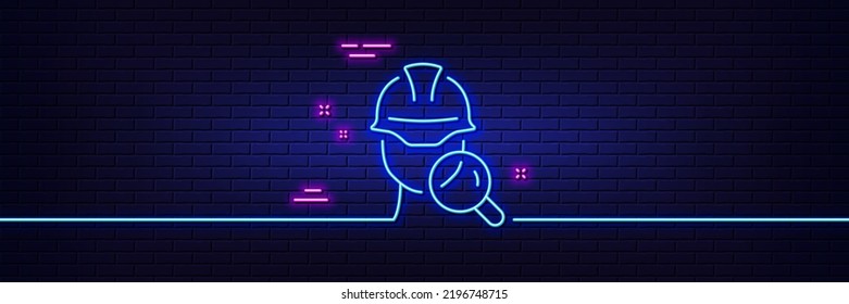 Neon light glow effect. Inspect line icon. Builder quality sign. Constructor verification symbol. 3d line neon glow icon. Brick wall banner. Inspect outline. Vector