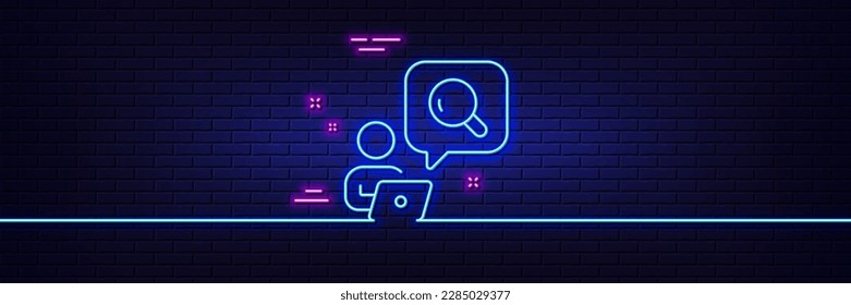 Neon light glow effect. Inspect line icon. Online search sign. Find information symbol. 3d line neon glow icon. Brick wall banner. Inspect outline. Vector