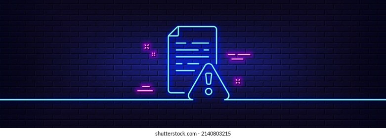 Efecto luminoso neón. Icono de línea manual de instrucciones. Signo de archivo de advertencia. Símbolo de alerta de precaución. Icono de resplandor de neón de 3d línea. Banner de pared de ladrillo. Esquema manual de instrucciones. Vector