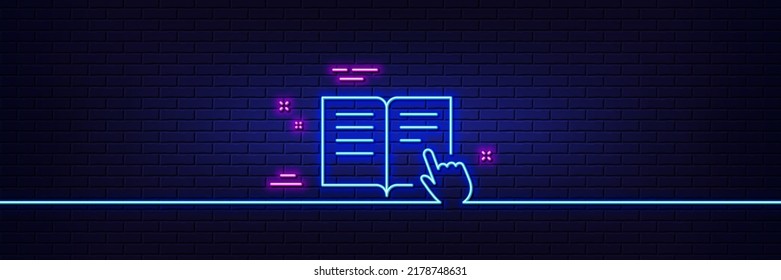 Neon light glow effect. Instruction Book line icon. Education with hand pointer symbol. E-learning sign. 3d line neon glow icon. Brick wall banner. Read instruction outline. Vector