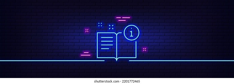 Efecto luminoso neón. Icono de línea de instrucciones. Firma manual del usuario. Símbolo del libro de información. Icono de resplandor de neón de 3d línea. Banner de pared de ladrillo. Esquema manual. Vector