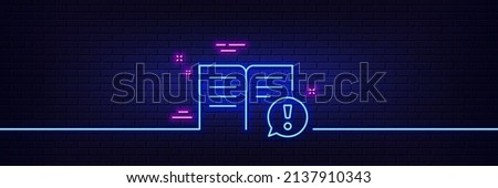Neon light glow effect. Interesting facts line icon. Exclamation mark sign. Book symbol. 3d line neon glow icon. Brick wall banner. Facts outline. Vector