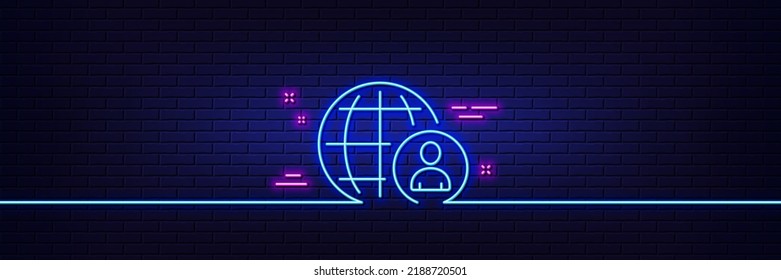 Neonhellgrauer Effekt. Symbol für die Rekrutierung internationaler Unternehmen. Globales Personalzeichen. 3D-Linie Neonglühsymbol. Brick-Wand-Banner. Rahmenplan für internationale Rekrutierung. Vektorgrafik