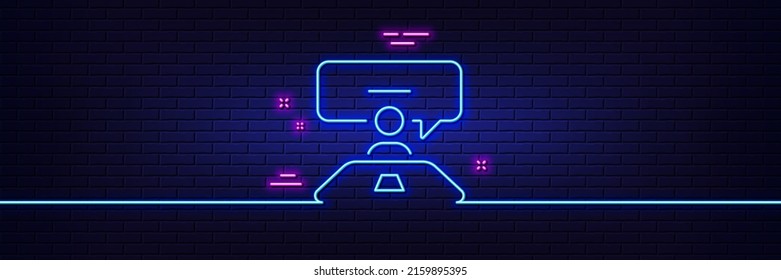 Neon light glow effect. Interview job line icon. Business management sign. Human resources symbol. 3d line neon glow icon. Brick wall banner. Interview job outline. Vector