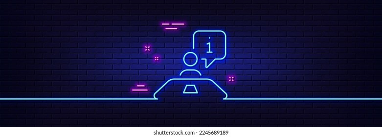 Neon light glow effect. Interview line icon. Job information sign. Business meeting symbol. 3d line neon glow icon. Brick wall banner. Interview outline. Vector