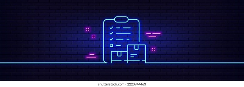 Neon light glow effect. Inventory checklist line icon. Warehouse pallet sign. Wholesale goods symbol. 3d line neon glow icon. Brick wall banner. Inventory checklist outline. Vector