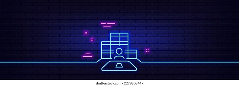 Neon light glow effect. Inventory line icon. Warehouse manager sign. Wholesale boxes symbol. 3d line neon glow icon. Brick wall banner. Inventory outline. Vector