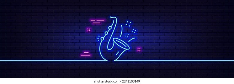 Neon light glow effect. Jazz line icon. Saxophone Musical instrument sign. Music symbol. 3d line neon glow icon. Brick wall banner. Jazz outline. Vector