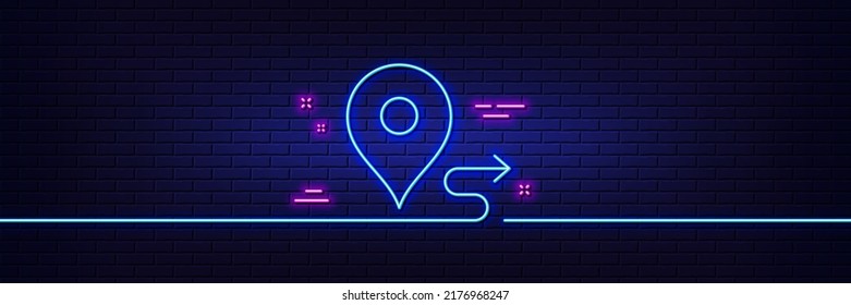 Neon light glow effect. Journey line icon. Road path sign. Route map distance symbol. 3d line neon glow icon. Brick wall banner. Journey outline. Vector