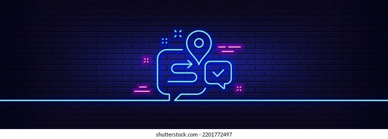 Neon light glow effect. Journey line icon. Road path sign. Route map chat bubble symbol. 3d line neon glow icon. Brick wall banner. Journey outline. Vector