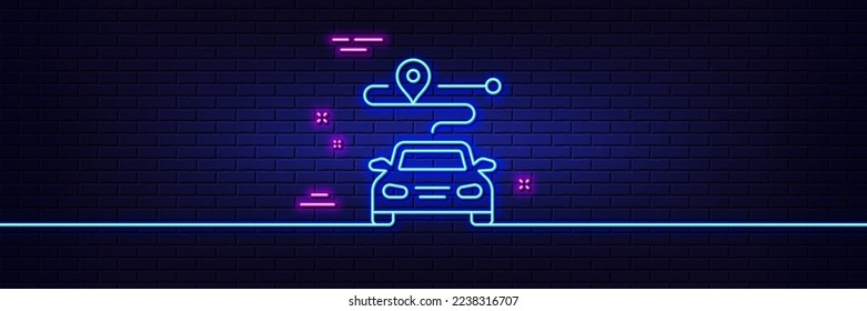 Neon light glow effect. Journey line icon. Road path sign. Car route map symbol. 3d line neon glow icon. Brick wall banner. Journey outline. Vector