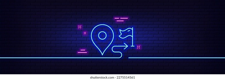 Neon light glow effect. Journey line icon. Road path sign. Route map distance symbol. 3d line neon glow icon. Brick wall banner. Journey outline. Vector