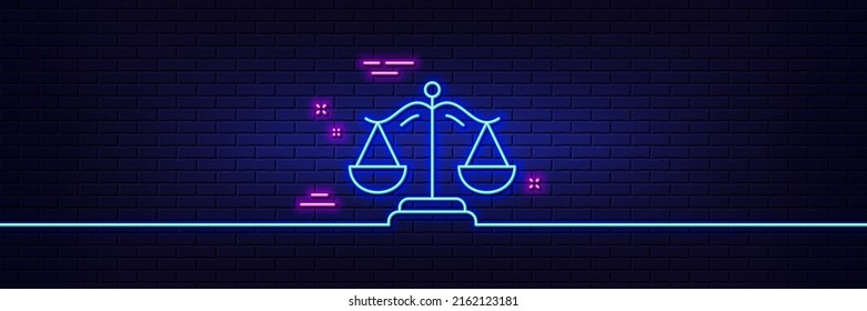 Neon Light Glow Effect. Justice Scales Line Icon. Judgement Scale Sign. Legal Law Symbol. 3d Line Neon Glow Icon. Brick Wall Banner. Justice Scales Outline. Vector