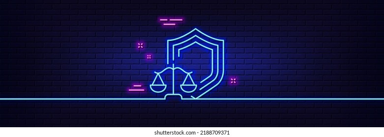 Neon Light Glow Effect. Justice Scales Line Icon. Judgement Scale Sign. Law Protection Symbol. 3d Line Neon Glow Icon. Brick Wall Banner. Justice Scales Outline. Vector