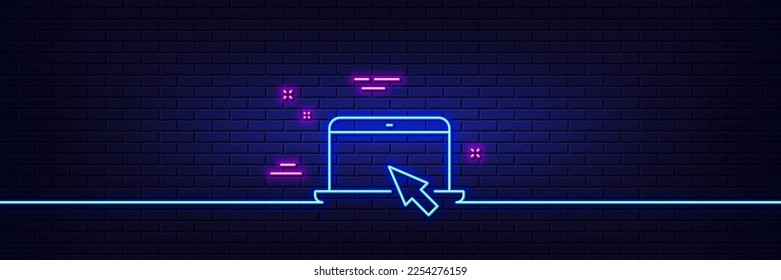 Efecto luminoso neón. Icono de ordenador portátil. Bloc de notas con el signo del cursor del ratón. Símbolo portátil de ordenador personal. Icono de resplandor de neón de 3d línea. Banner de pared de ladrillo. Esquema portátil del equipo. Vector