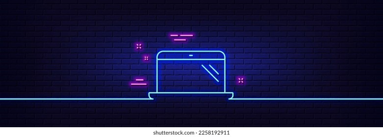 Neon light glow effect. Laptop line icon. Mobile computer device sign. 3d line neon glow icon. Brick wall banner. Laptop outline. Vector