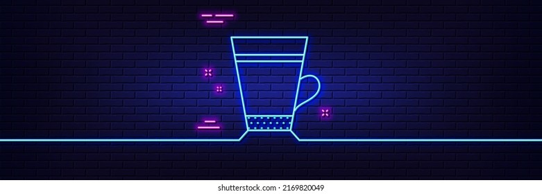 Neon light glow effect. Latte coffee icon. Hot drink sign. Beverage symbol. 3d line neon glow icon. Brick wall banner. Latte outline. Vector