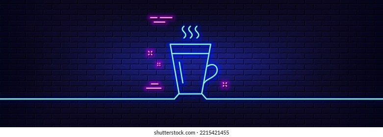 Neon light glow effect. Latte line icon. Hot Coffee or Tea sign. Fresh beverage symbol. 3d line neon glow icon. Brick wall banner. Latte outline. Vector