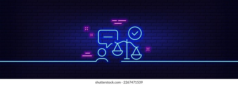 Neon light glow effect. Lawyer line icon. Court judge sign. Justice scale symbol. 3d line neon glow icon. Brick wall banner. Lawyer outline. Vector